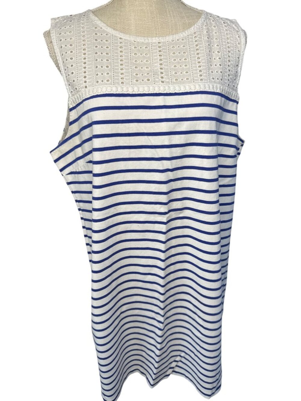 J. Crew Womens Sleeveless Dress White Eyelet Top Blue Striped XL